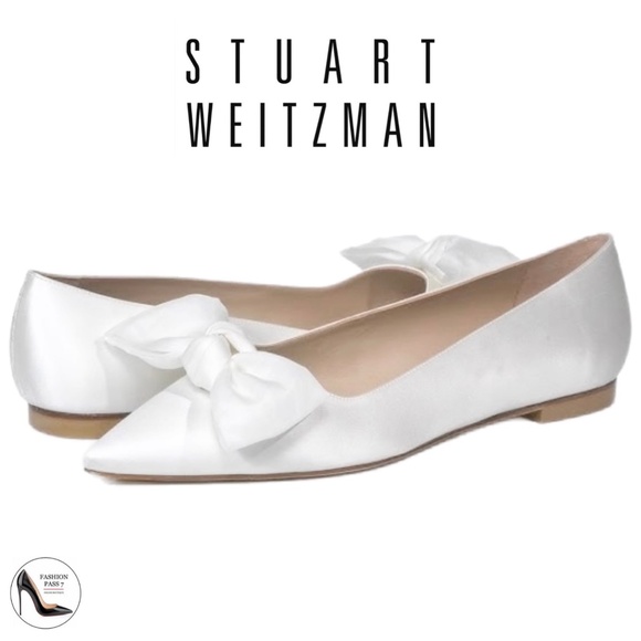 Stuart Weitzman Shoes - Stuart Weitzman ANNY MESH White Silk Satin Bow Flats Pointed Toe Bridal Shoe 7.5